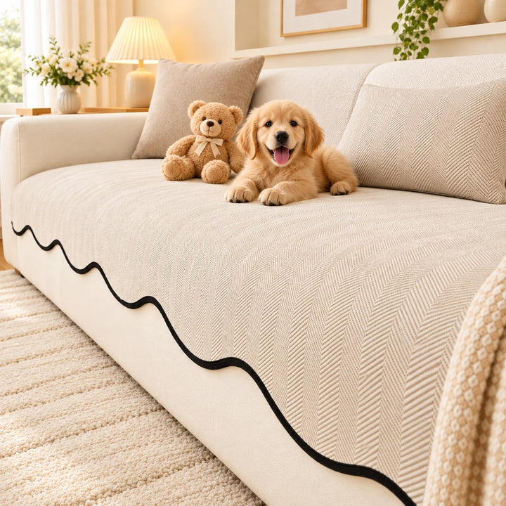 Sofa Cover | Non-Slip Chenille Sofa Protector | Herringbone Pattern with Scalloped Edges