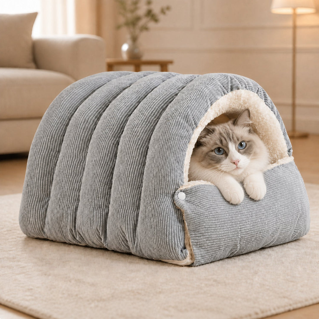Cosy Tunnel Cat Bed | Warm Corduroy | Removable Washable Hideaway