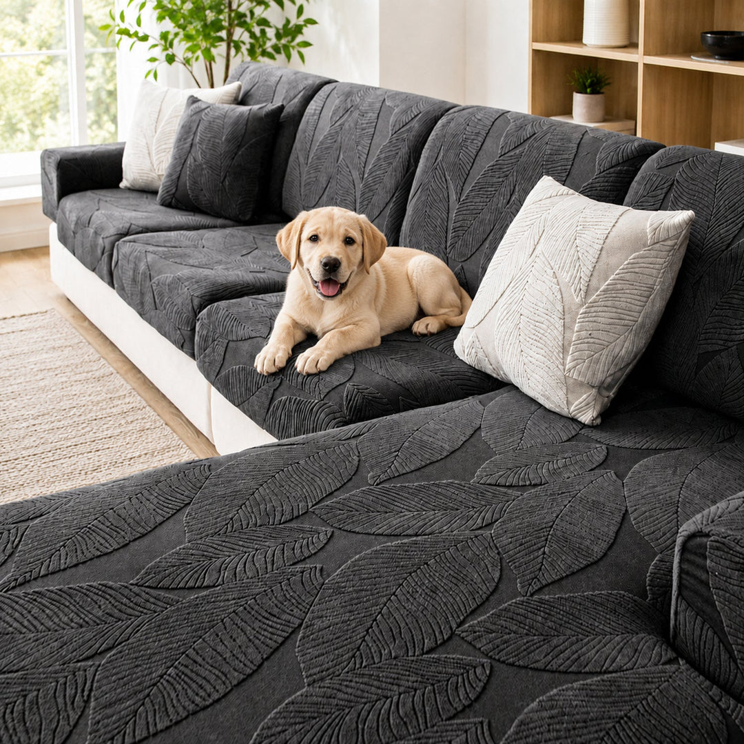 Modern Leaf Jacquard Sofa Cover | Waterproof Stretch Full Wrap | Anti-Scratch Protector