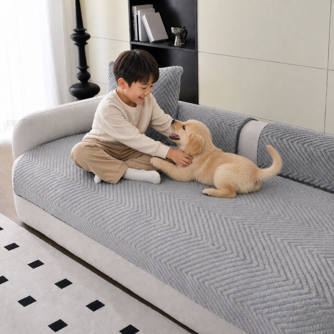 Thickened Plush Herringbone Sofa Cover | Non-Slip Pet-Proof Couch Protector | Machine Washable