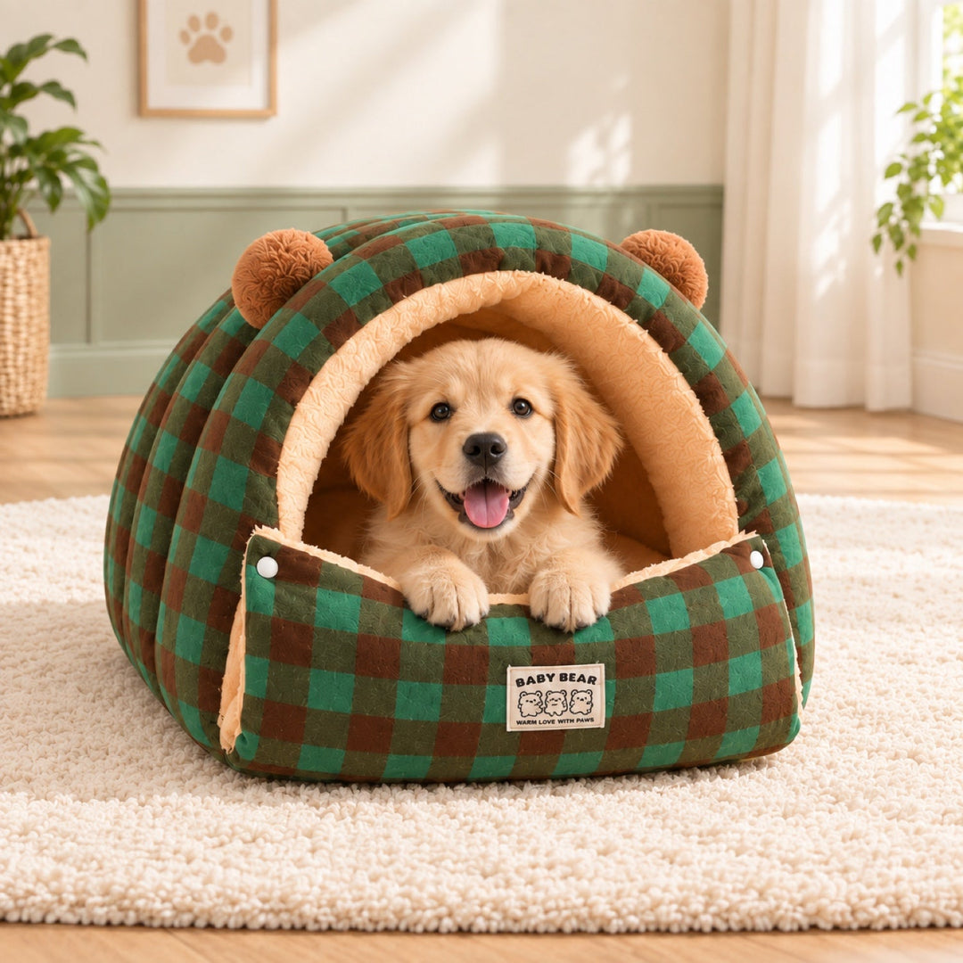 Dog Bed & Cat Bed | Cuddle Cabin Plush Cave | Removable Cushion & Fold-Down Front