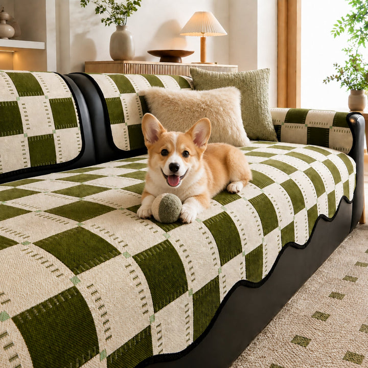 Plaid Chenille Sofa Protector | Scratch-Resistant Non-Slip Washable Cover