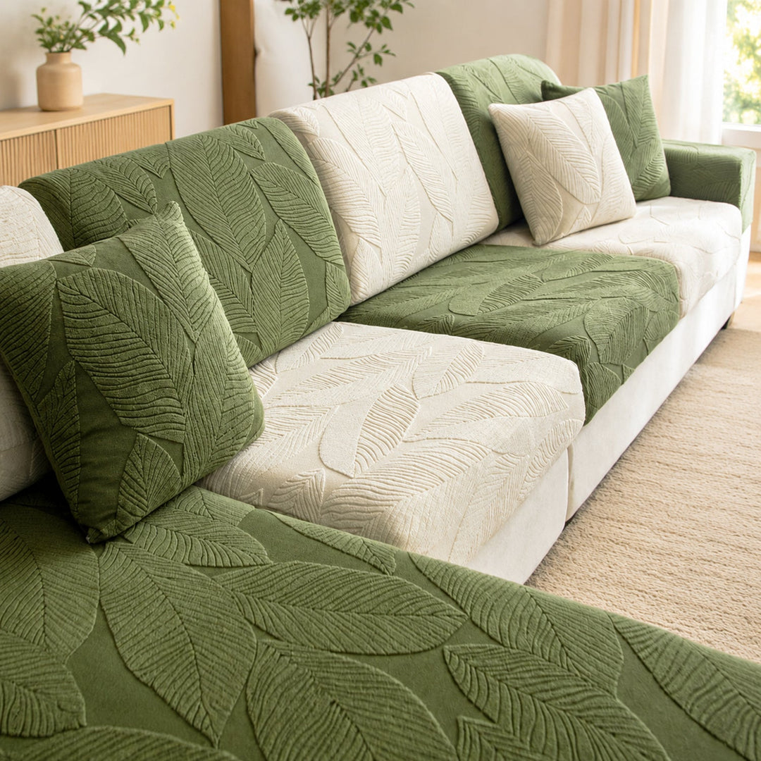 Modern Leaf Jacquard Sofa Cover | Waterproof Stretch Full Wrap | Anti-Scratch Protector