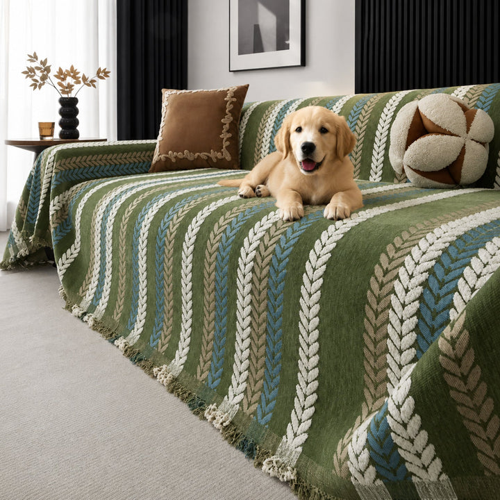 Leaf Pattern Chenille Sofa Cover | One-Piece Throw | Pet Fur & Dust Protection | Machine Washable