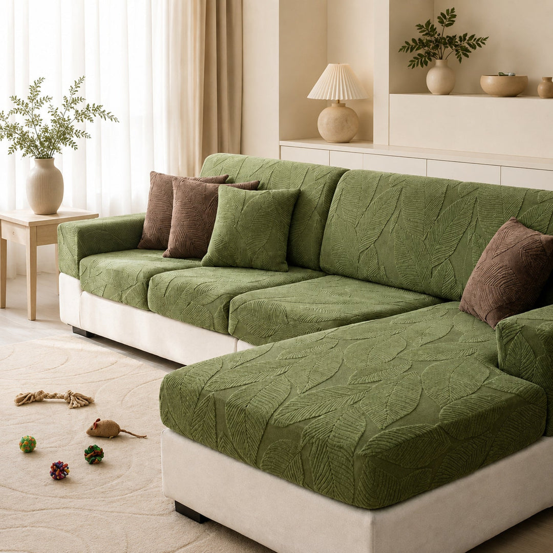 Modern Leaf Jacquard Sofa Cover | Waterproof Stretch Full Wrap | Anti-Scratch Protector