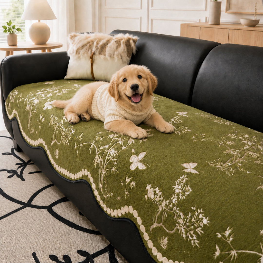 Botanical Butterfly Chenille Sofa Cover | Non-Slip All-Season Washable