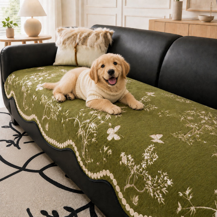 Botanical Butterfly Chenille Sofa Cover | Non-Slip All-Season Washable