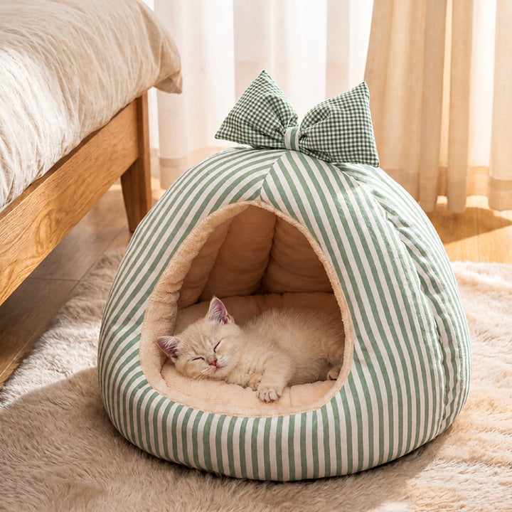 Dog Bed & Cat Bed | Striped Bow House | Cosy, Machine-Washable & Non-Slip