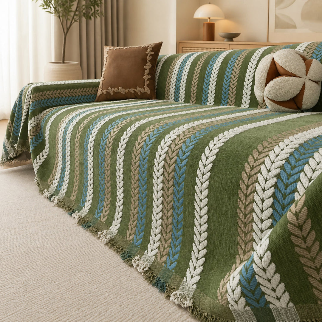 Leaf Pattern Chenille Sofa Cover | One-Piece Throw | Pet Fur & Dust Protection | Machine Washable