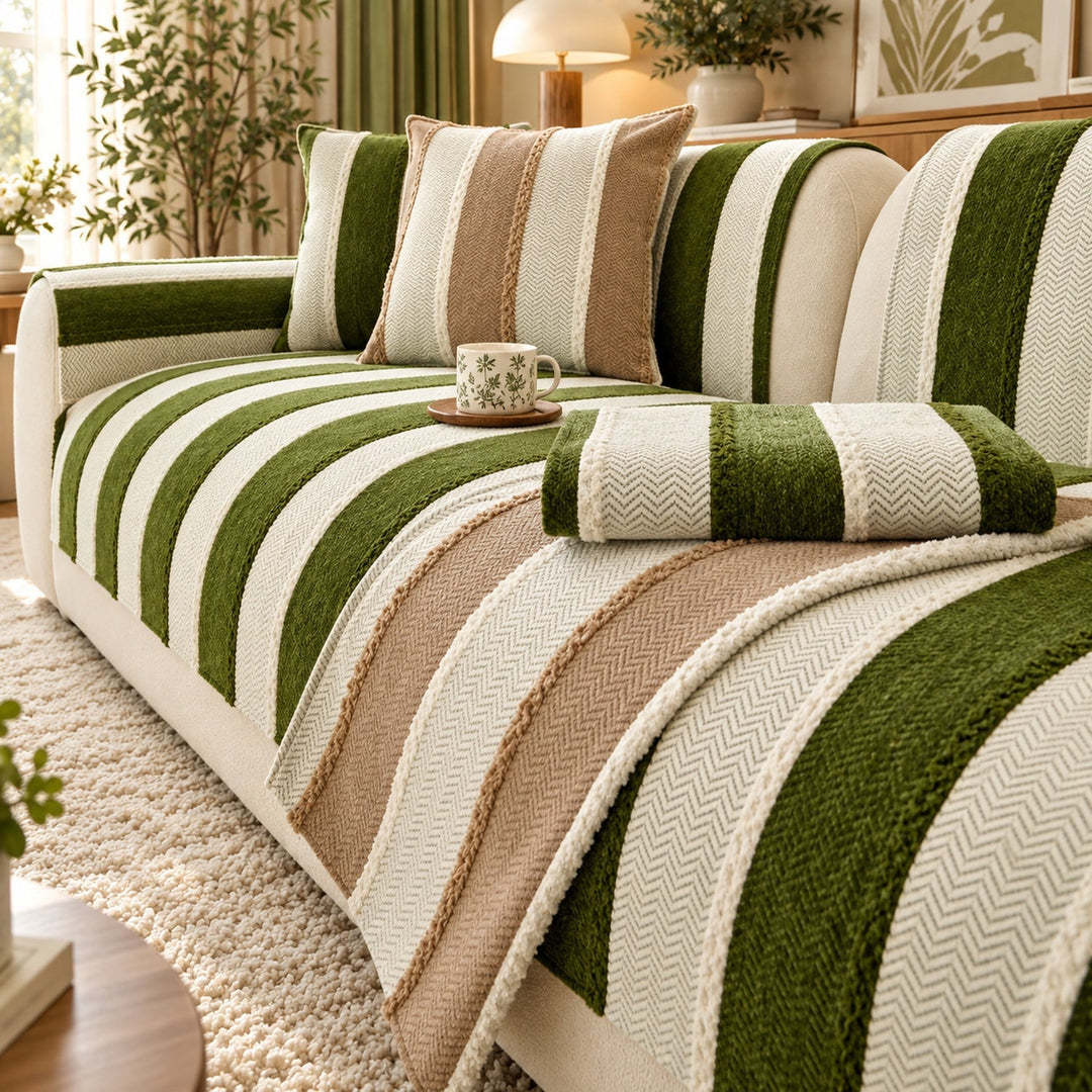 Vintage Striped Sofa Cover | Soft Chenille | Non-Slip, Machine Washable