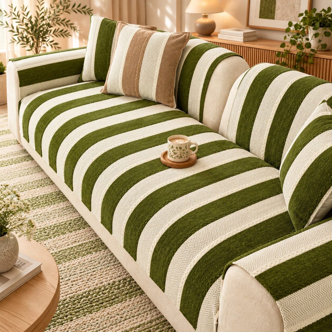 Vintage Striped Sofa Cover | Soft Chenille | Non-Slip, Machine Washable