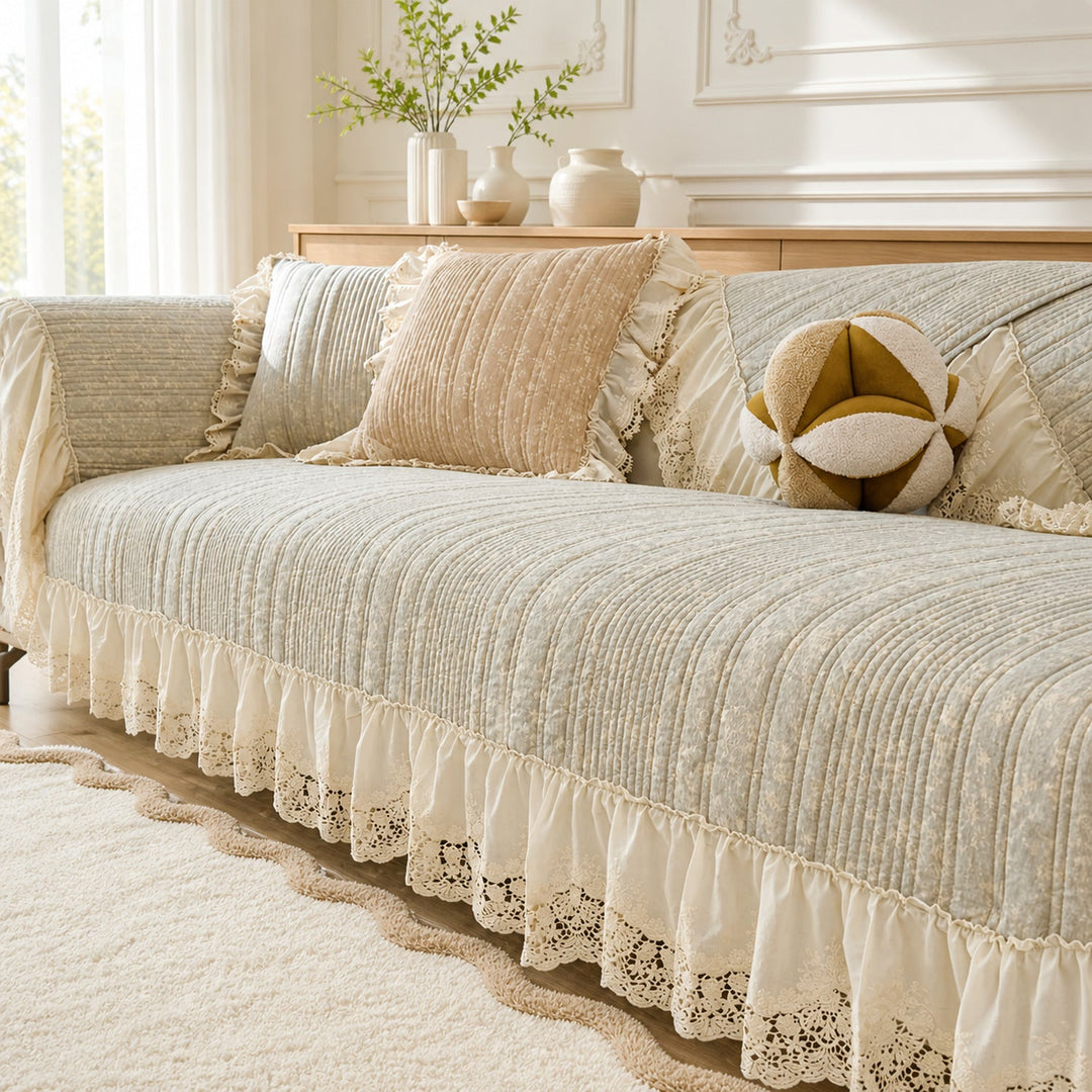 Vintage Lace Sofa Protector | Cotton-Linen Blend | Non-Slip Ruffled Design