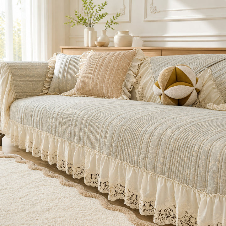 Vintage Lace Sofa Protector | Cotton-Linen Blend | Non-Slip Ruffled Design