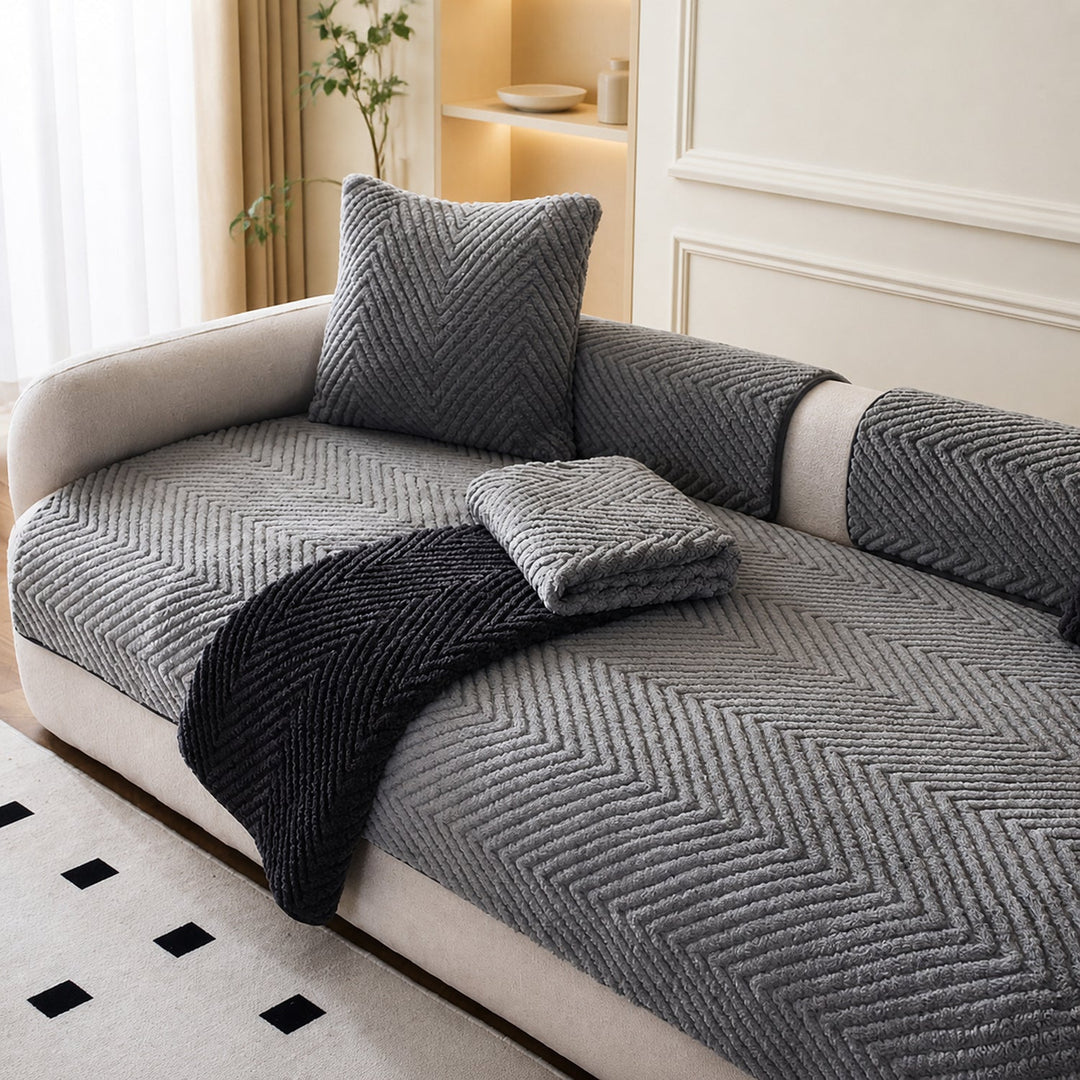 Thickened Plush Herringbone Sofa Cover | Non-Slip Pet-Proof Couch Protector | Machine Washable