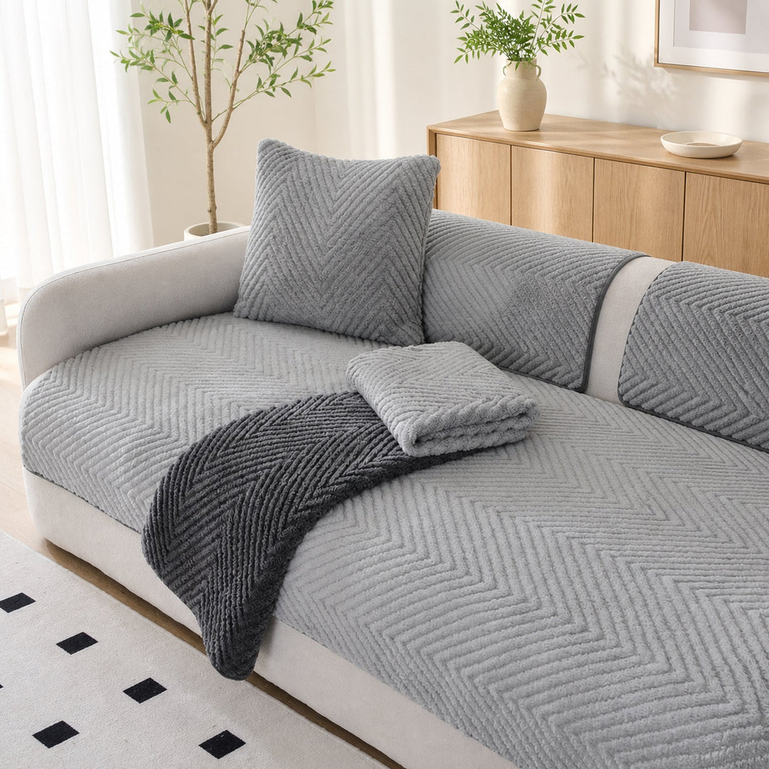 Thickened Plush Herringbone Sofa Cover | Non-Slip Pet-Proof Couch Protector | Machine Washable