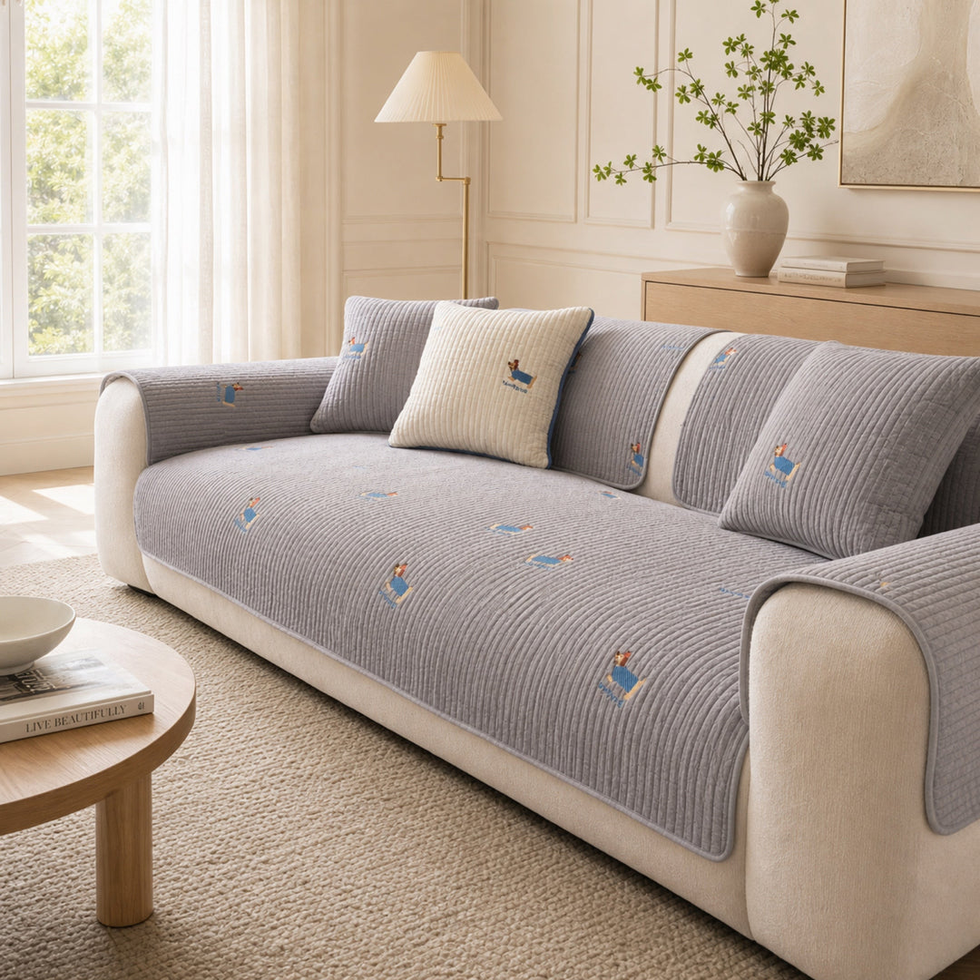 Puppy Pattern Cotton Sofa Cover | Soft Non-Slip All-Season Protector