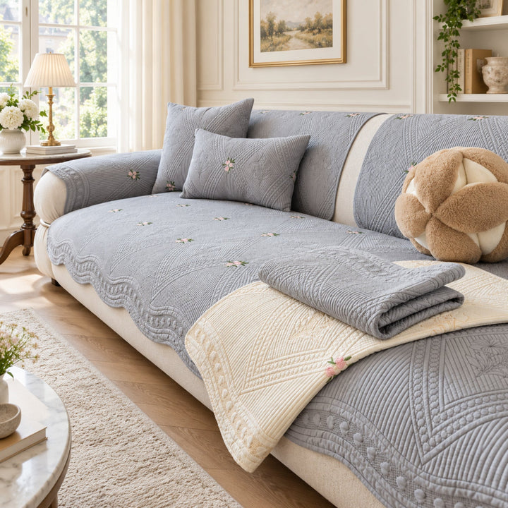 Dainty Sprig Cotton Sofa Cover | Embroidered, Non-Slip & Machine Washable