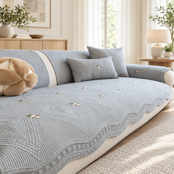 Dainty Sprig Cotton Sofa Cover | Embroidered, Non-Slip & Machine Washable