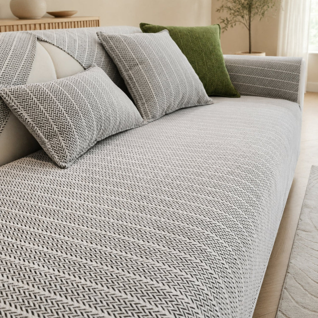 Solid Colour Chenille Sofa Cover | Anti-Scratch Herringbone Couch Protector | Durable