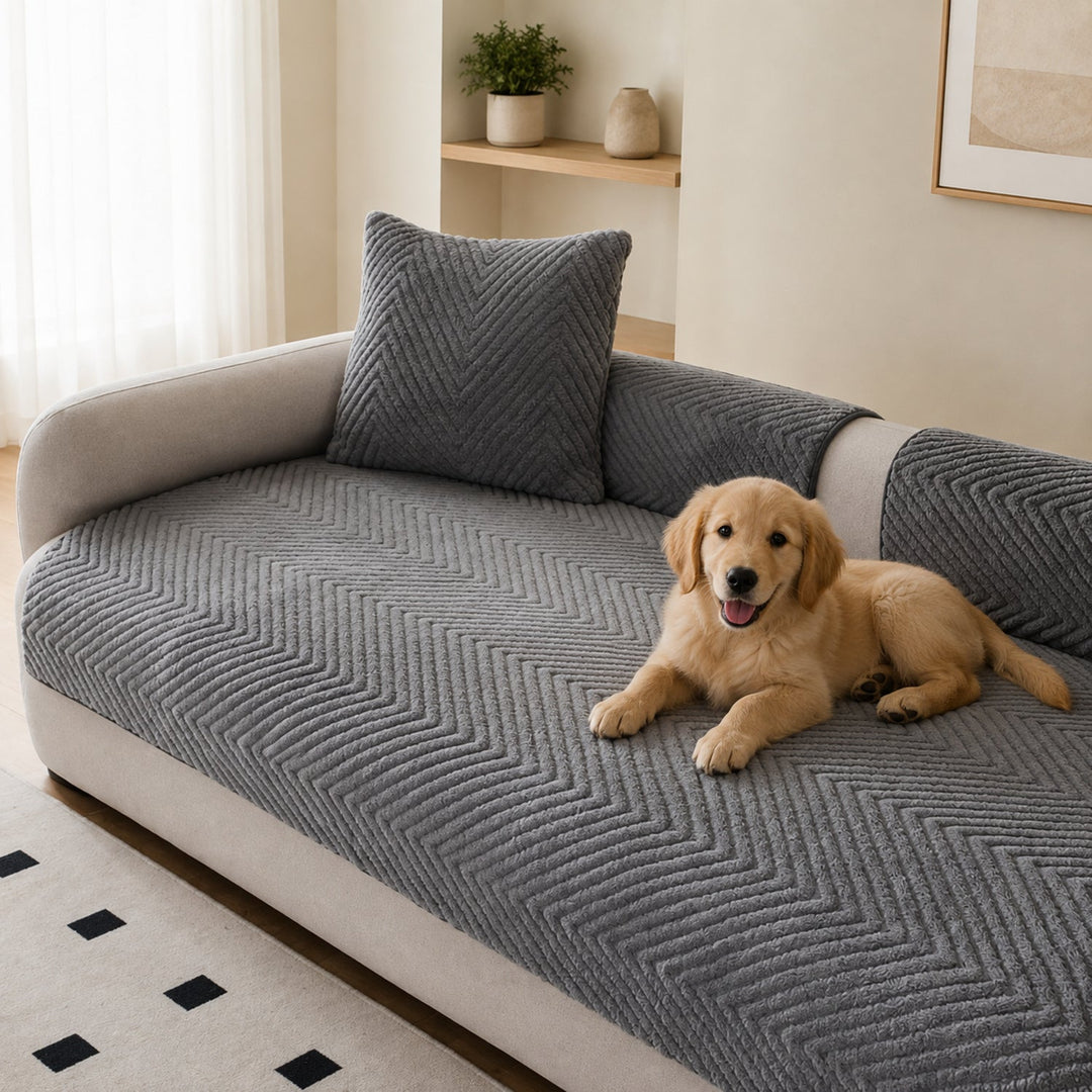 Thickened Plush Herringbone Sofa Cover | Non-Slip Pet-Proof Couch Protector | Machine Washable