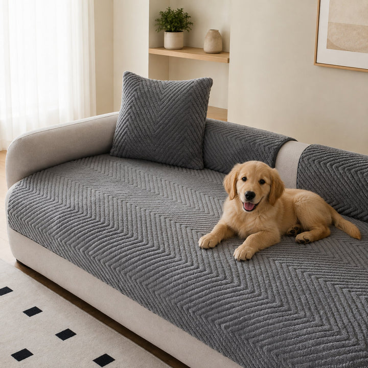Thickened Plush Herringbone Sofa Cover | Non-Slip Pet-Proof Couch Protector | Machine Washable