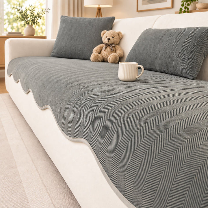 Sofa Cover | Non-Slip Chenille Sofa Protector | Herringbone Pattern with Scalloped Edges