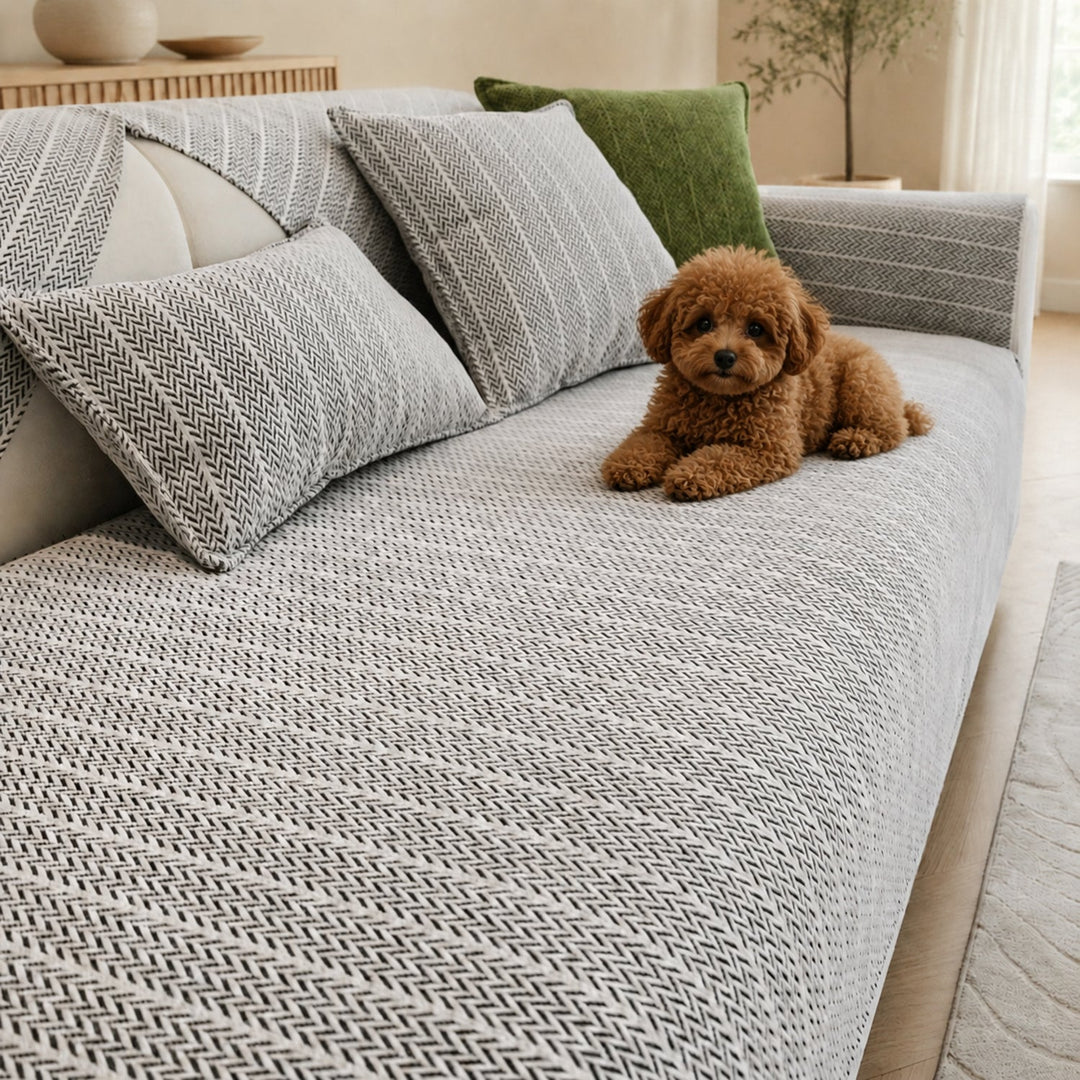Solid Colour Chenille Sofa Cover | Anti-Scratch Herringbone Couch Protector | Durable