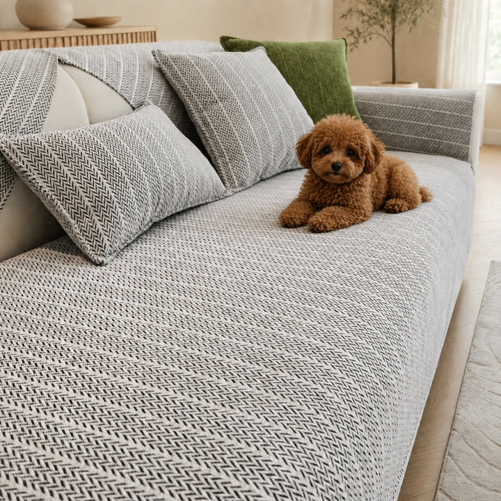 Solid Colour Chenille Sofa Cover | Anti-Scratch Herringbone Couch Protector | Durable