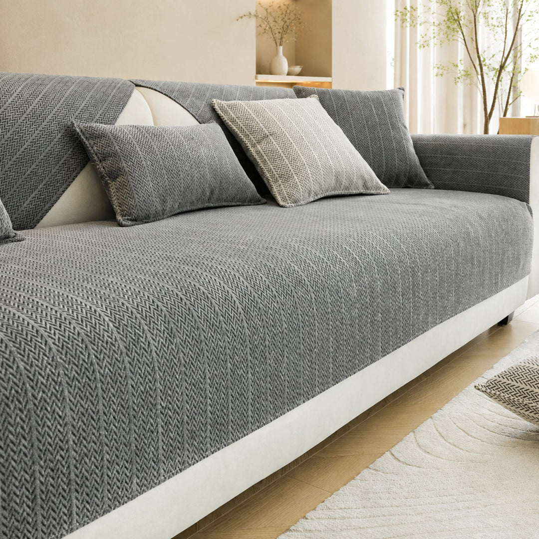 Solid Colour Chenille Sofa Cover | Anti-Scratch Herringbone Couch Protector | Durable