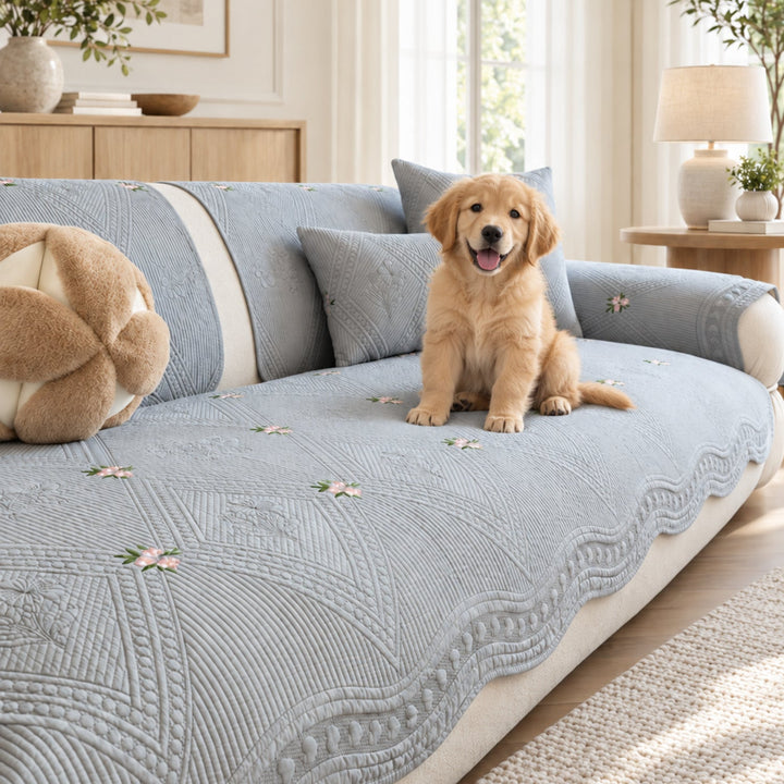 Dainty Sprig Cotton Sofa Cover | Embroidered, Non-Slip & Machine Washable