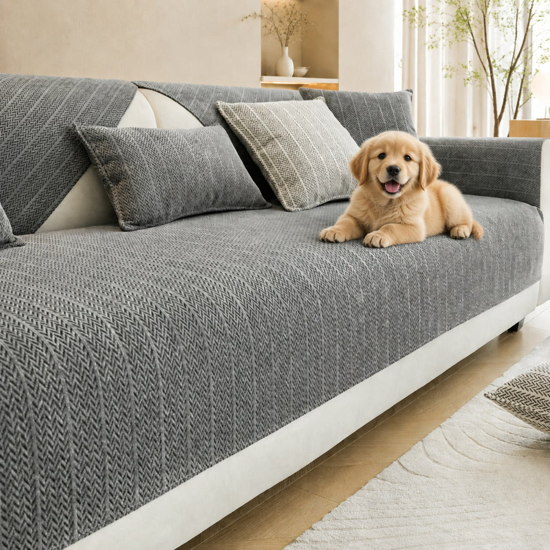 Solid Colour Chenille Sofa Cover | Anti-Scratch Herringbone Couch Protector | Durable