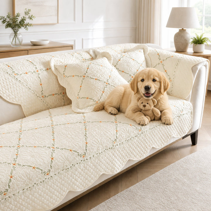 Delicate Vine Cotton Sofa Cover | Quilted Non-Slip Washable Protector