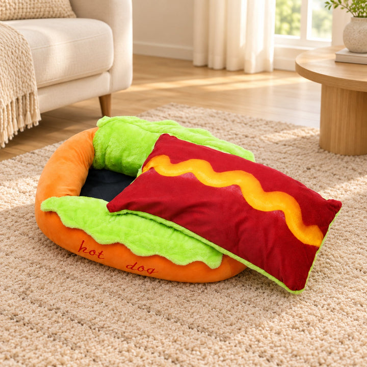 Dog Bed & Cat Bed | Hot Dog Design | Soft Plush, Washable Cushion Cover
