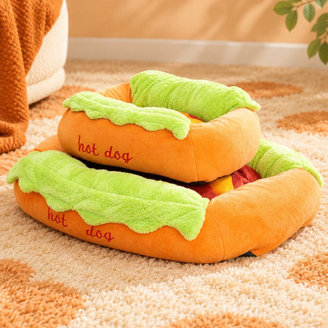 Dog Bed & Cat Bed | Hot Dog Design | Soft Plush, Washable Cushion Cover