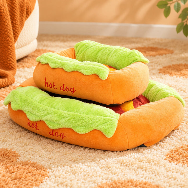 Dog Bed & Cat Bed | Hot Dog Design | Soft Plush, Washable Cushion Cover