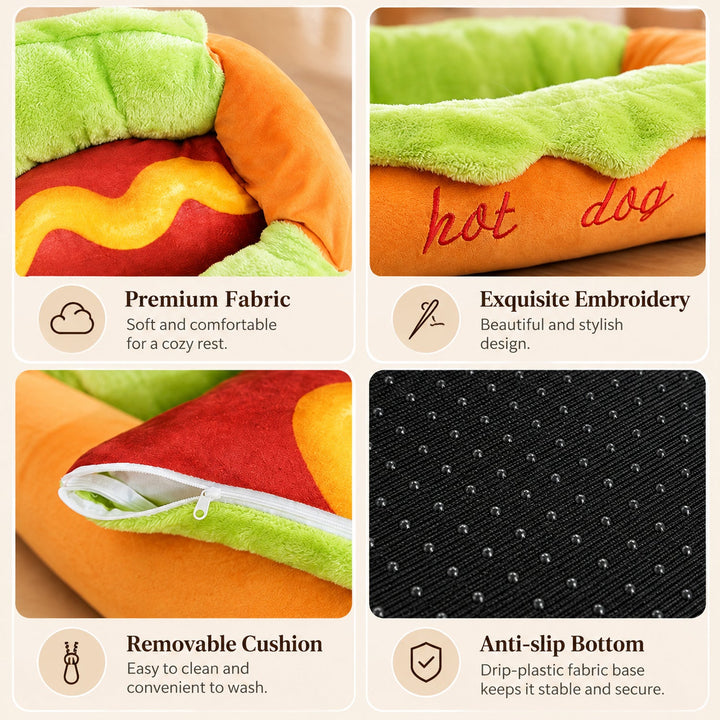Dog Bed & Cat Bed | Hot Dog Design | Soft Plush, Washable Cushion Cover