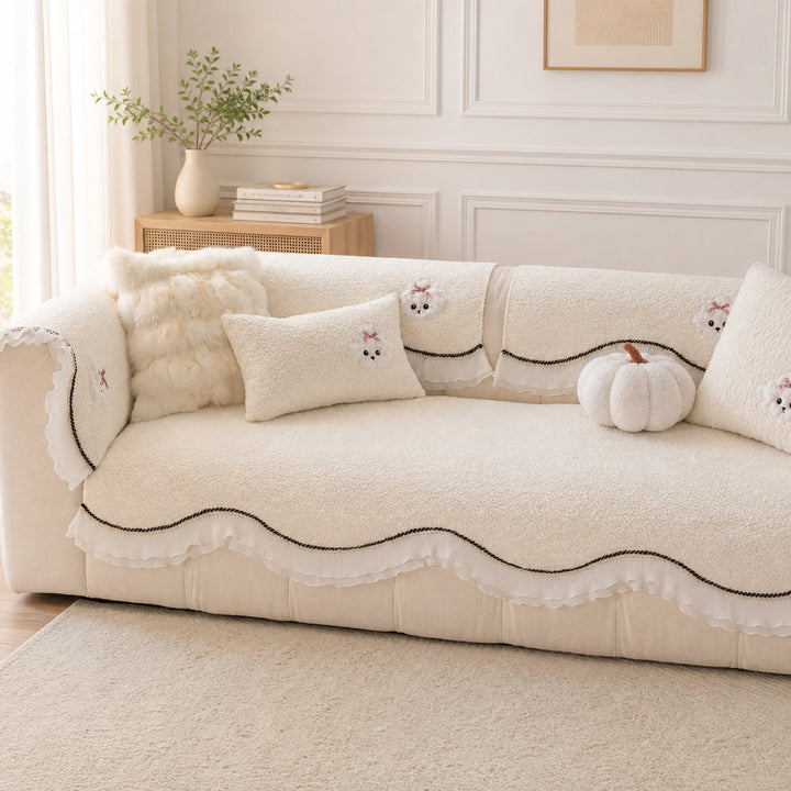 Little Puppy Ruffle Sofa Protector | Chenille | Non-Slip Washable Cover
