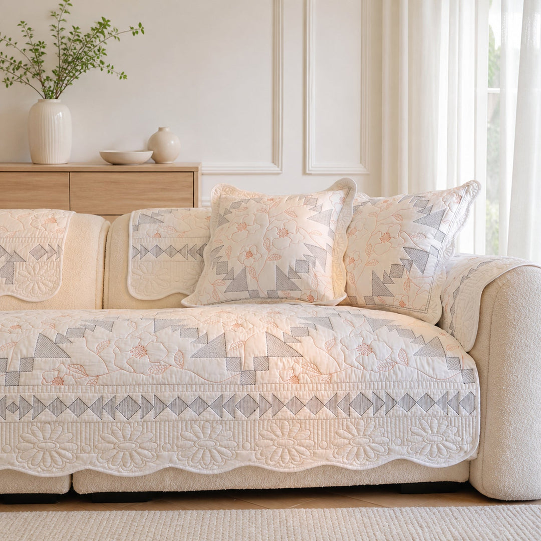 Floral Mosaic Cotton Sofa Protector | Quilted Non-Slip Washable Cover