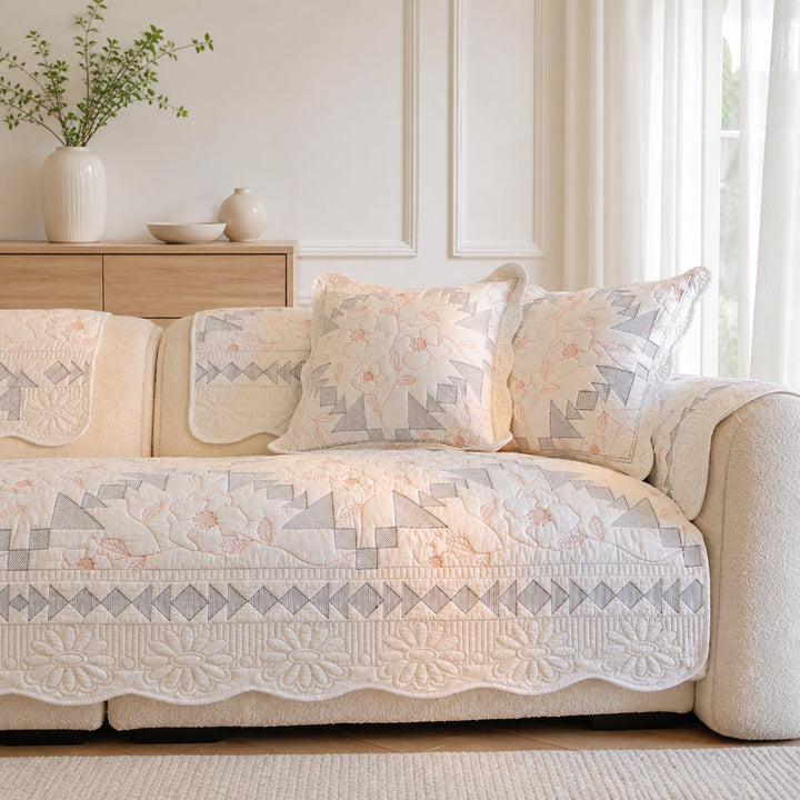 Floral Mosaic Cotton Sofa Protector | Quilted Non-Slip Washable Cover