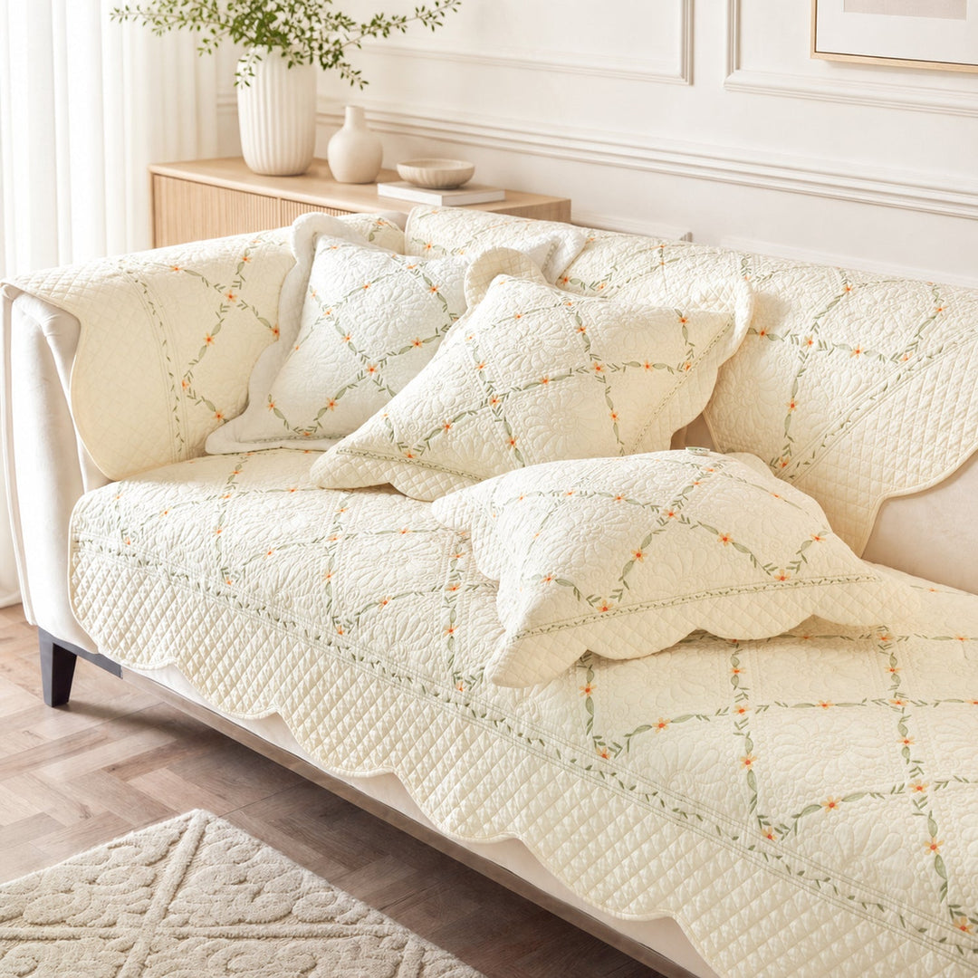 Delicate Vine Cotton Sofa Cover | Quilted Non-Slip Washable Protector