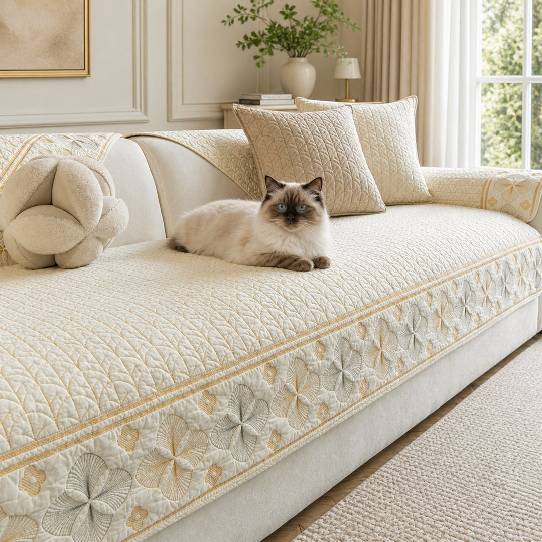 Floral Grace Quilted Sofa Cover | 100% Cotton | Non-Slip Machine-Washable