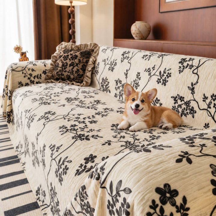 Trailing Blossom Chenille Sofa Throw | Embossed Floral Scratch-Resistant Sofa Protector