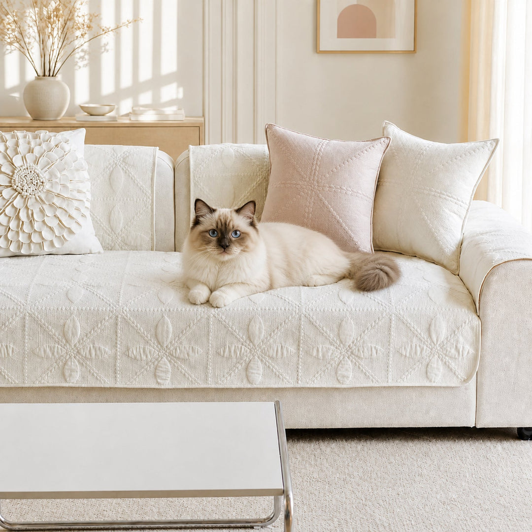 Leaf Lattice Quilted Sofa Protector | Cotton | Non-Slip & Machine Washable
