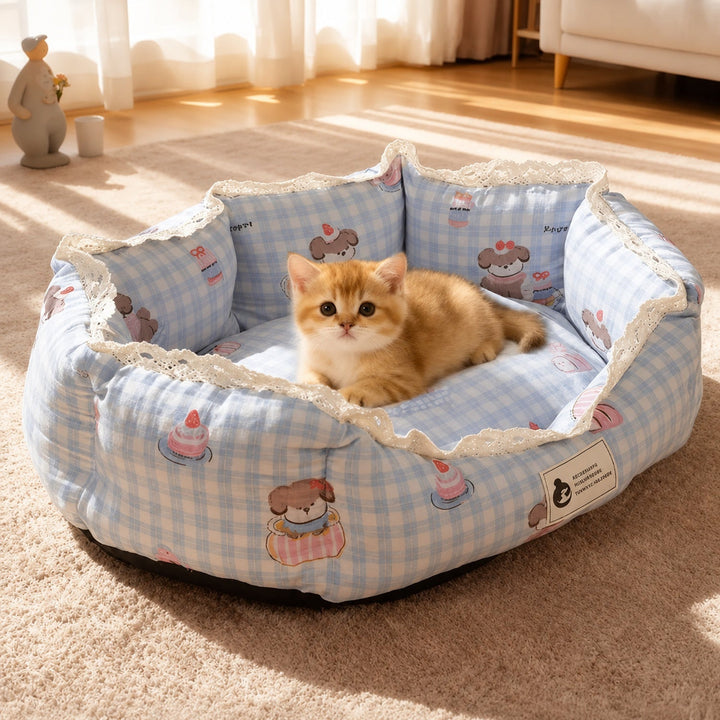 Dog Bed & Cat Bed | Sweet Lace Design | Washable Velour, Raised Sides & Non-Slip Base