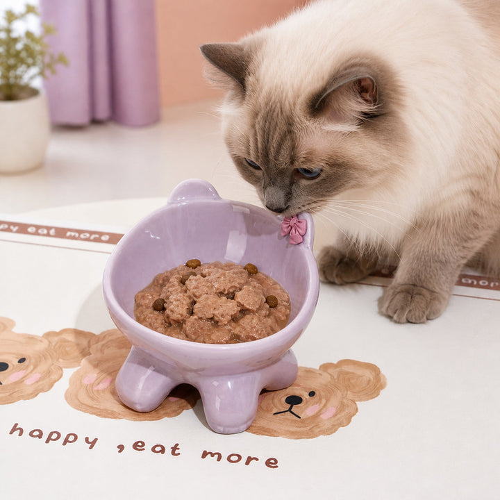 Bow Kitty Raised Ceramic Cat Bowl | 15° Tilted Easy-Clean Feeder