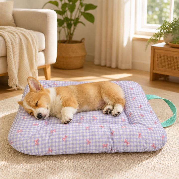 Washable Dog Bed & Cat Bed | Gingham Bow Pet Mat | Reversible Cotton
