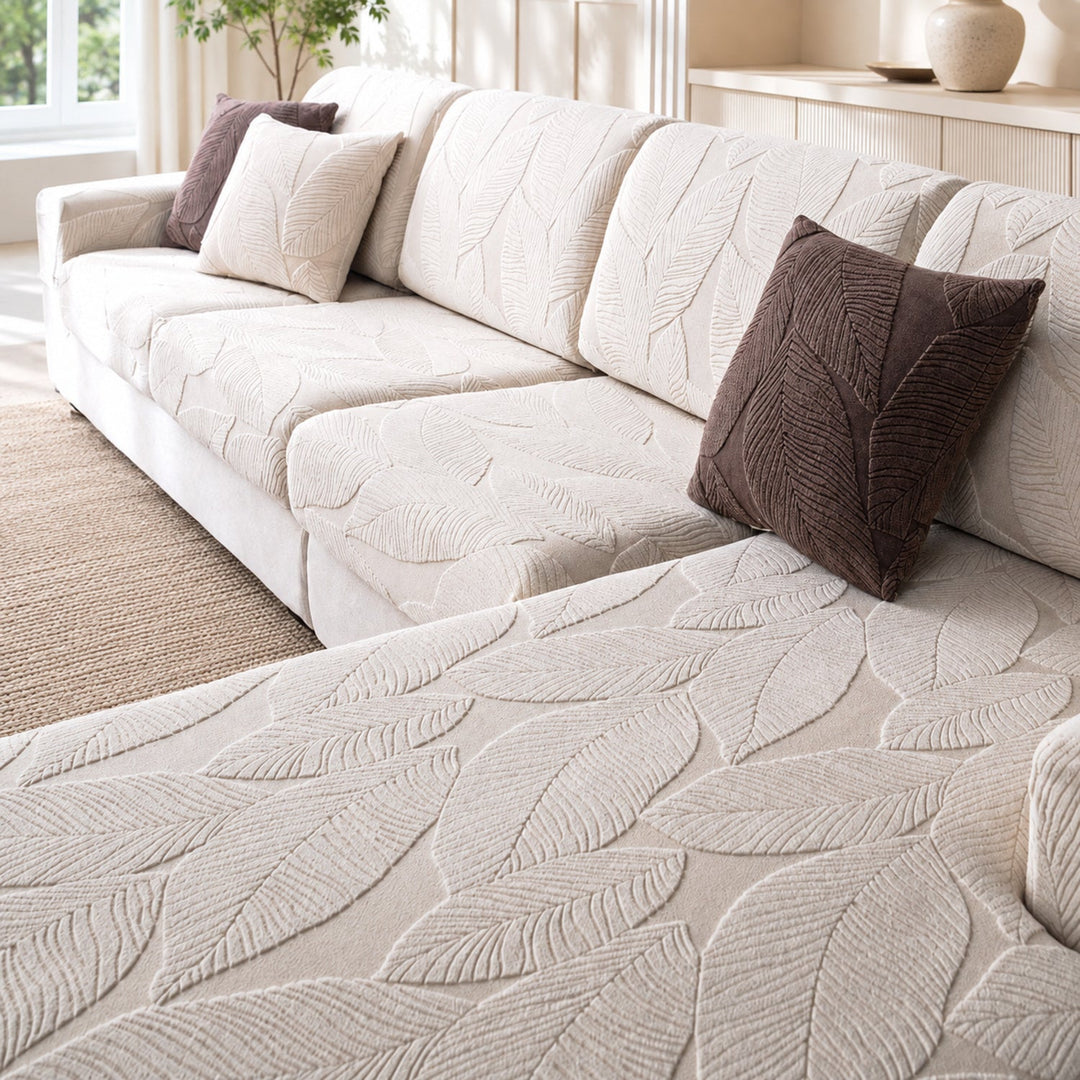Modern Leaf Jacquard Sofa Cover | Waterproof Stretch Full Wrap | Anti-Scratch Protector