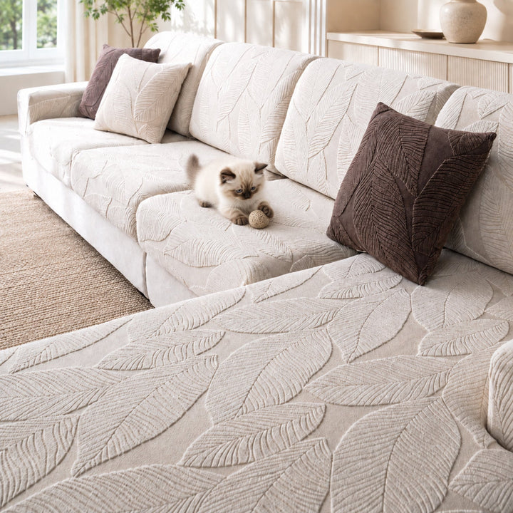 Modern Leaf Jacquard Sofa Cover | Waterproof Stretch Full Wrap | Anti-Scratch Protector