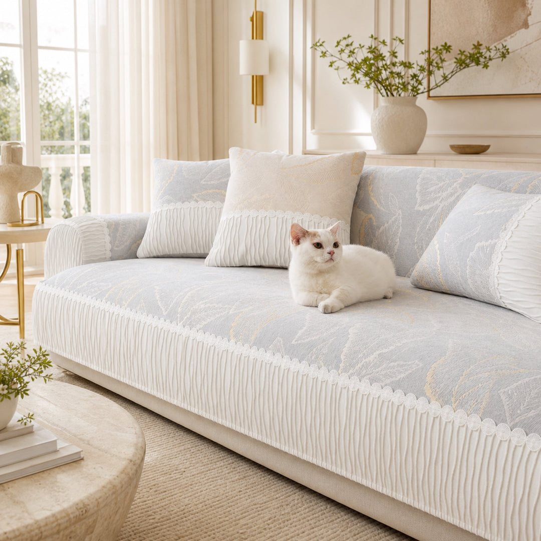 Elegant Leaf Jacquard Chenille Sofa Cover | Tassel Design | Anti-Slip & Anti-Scratch