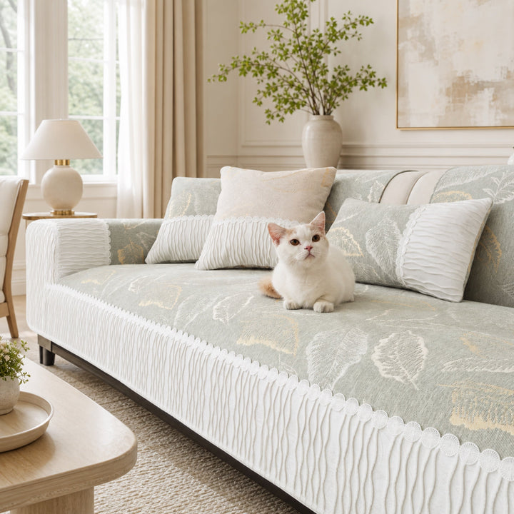 Elegant Leaf Jacquard Chenille Sofa Cover | Tassel Design | Anti-Slip & Anti-Scratch